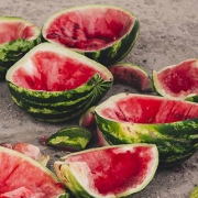 تکههای هندوانه که خورده شدهاند و تهماندههایشان روی زمین ریخته شده است به همراه عکسنوشته. مریم کاشانکی